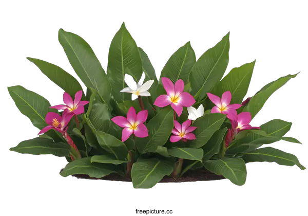 [Transparent Background PNG]Tropical Pink and White Flowers with Green Leaves on White Background