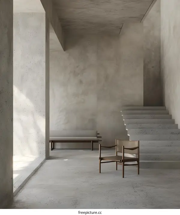 Minimalist Concrete Interior Design with Wooden Furniture