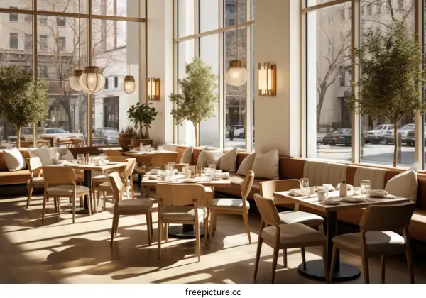 Elegant restaurant interior with large windows and natural lighting