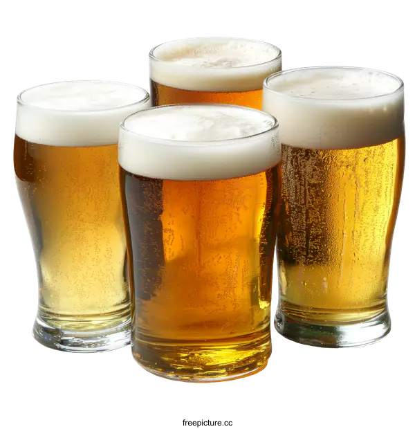 [Transparent Background PNG]Four Beer Glasses Filled with Frothy Light Beer