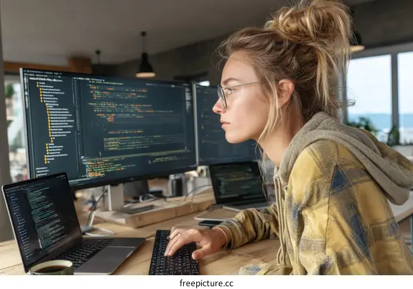 Female Programmer Working on Multiple Screens