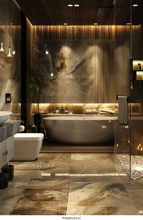 Luxury bathroom interior with marble walls and tiles, freestanding bathtub, large shower and wooden ceiling