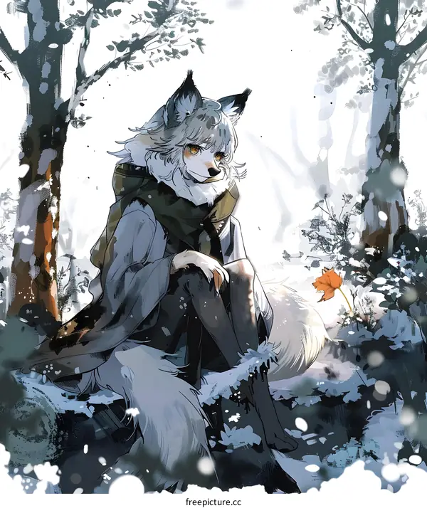 Anime Wolf Girl Sitting in the Snowy Forest