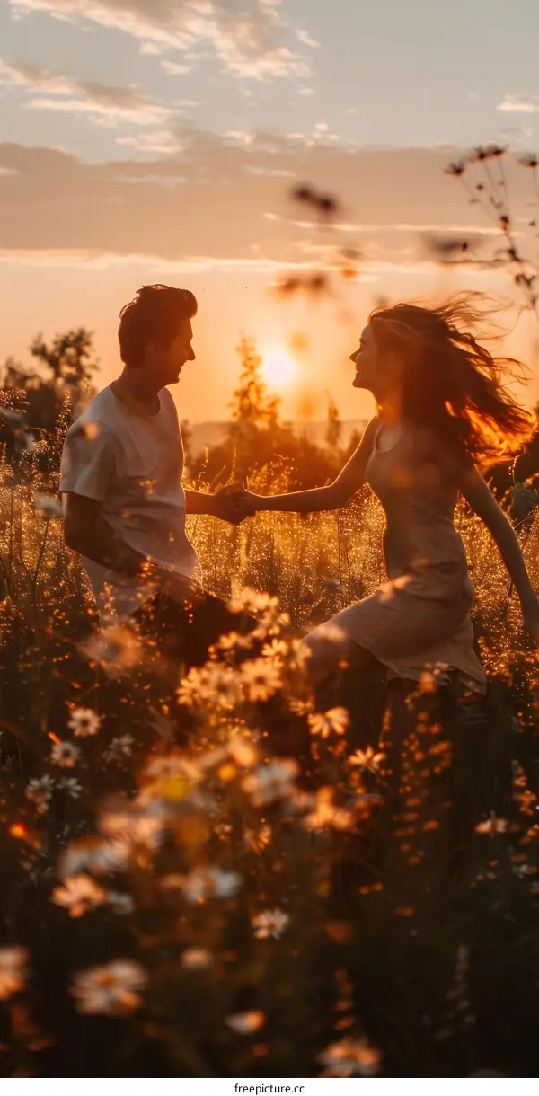 A couple is running through a field of flowers at sunset.