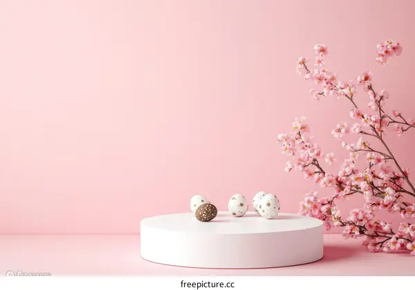 Pink Easter Display with Decorative Eggs and Cherry Blossoms