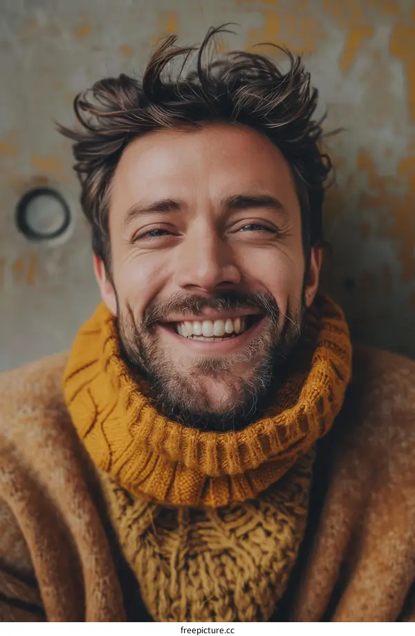 portrait of a smiling man with a beard wearing a yellow turtleneck sweater