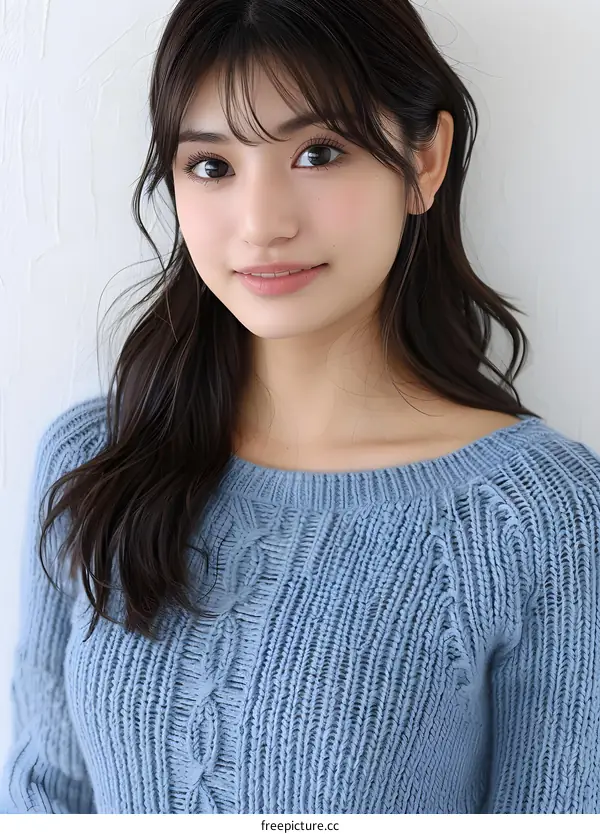 Portrait of a young Asian woman with long dark hair wearing a blue sweater