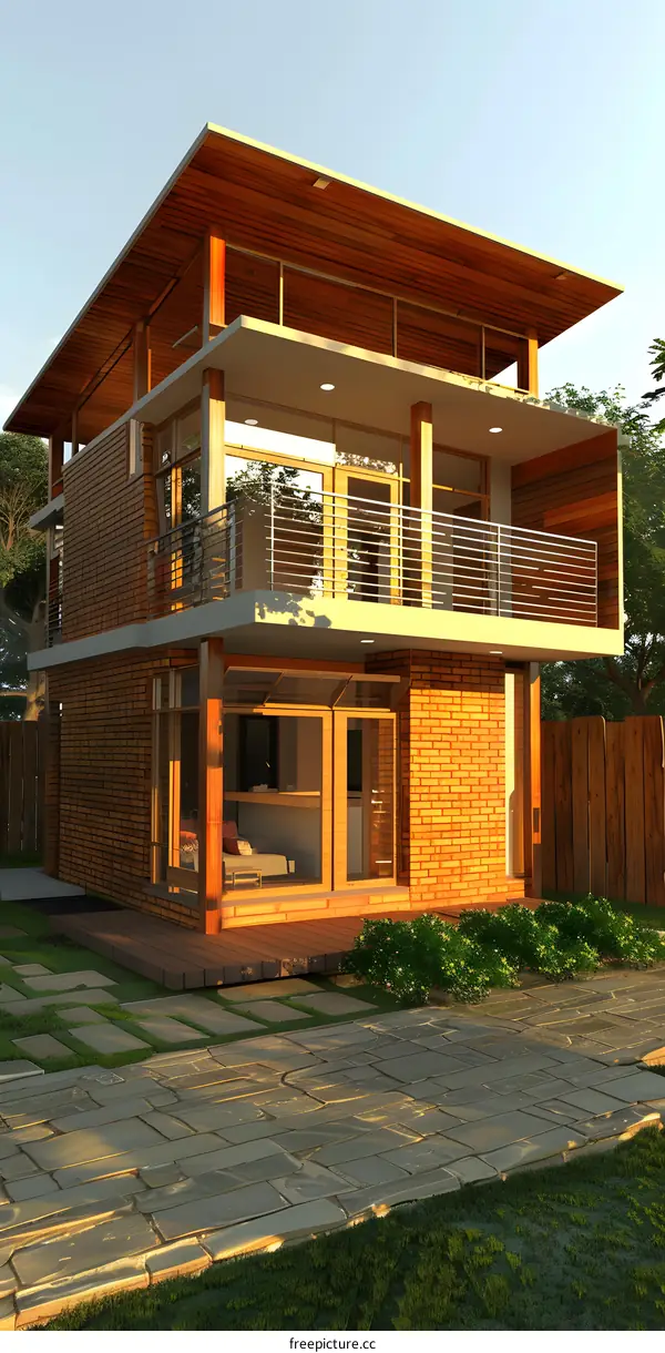 Modern Two Story House with Wooden Roof and Brick Walls