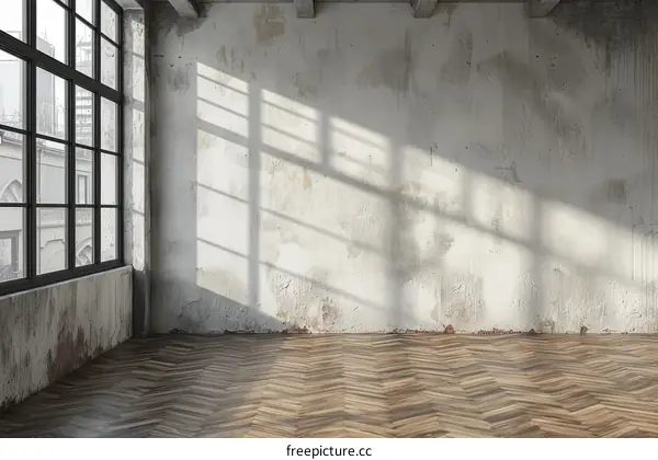 An empty room with a large window and wooden floor