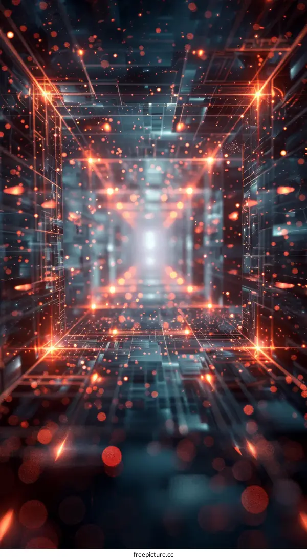 Glowing orange and blue digital cyberspace with square tunnel