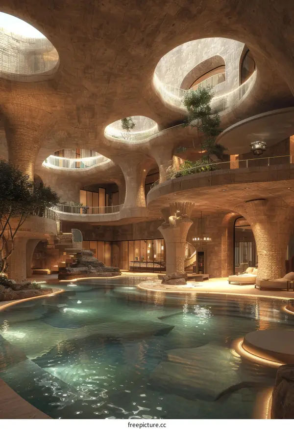 Luxury indoor swimming pool with concrete walls