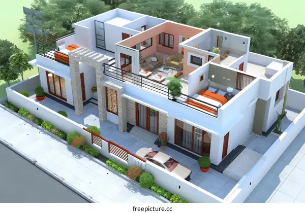 Modern 3-Story House Design with Luxurious Courtyard and Lush Greenery