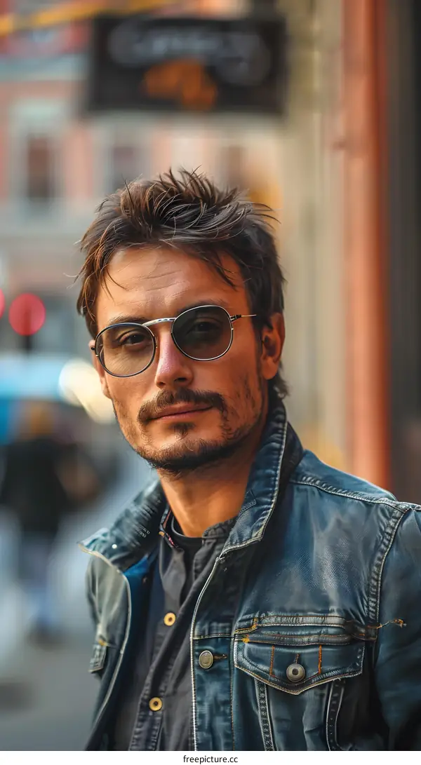 Man in Sunglasses Wearing a Denim Jacket Looking at the Camera
