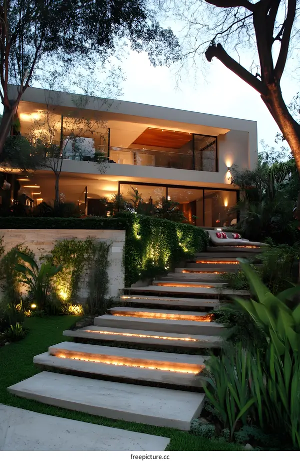Modern Home Exterior With Stone Steps and Lush Greenery