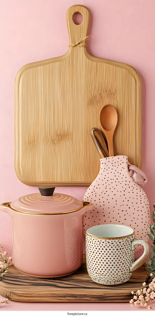 Pink Kitchen Utensils on Pink Background