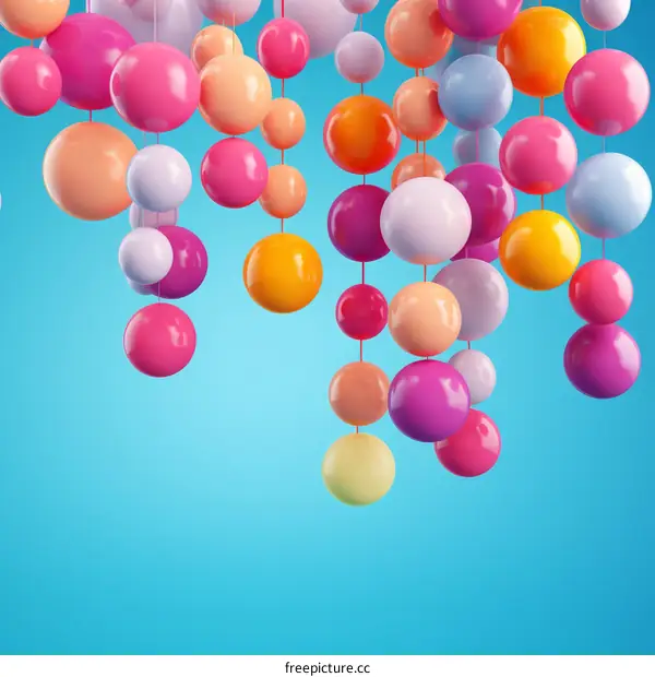 Pink and orange 3D spheres hanging from strings against a blue background
