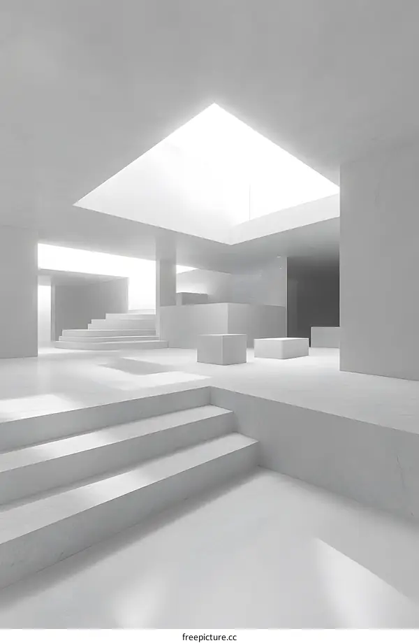 Minimalist White Interior Design With Stairs and Skylight