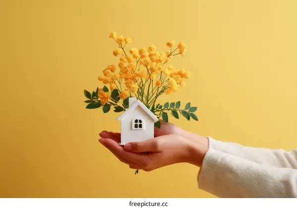 White Miniature House with Yellow Flowers Held in Hands