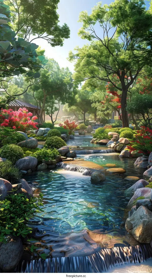 Small River Flows Through a Rocky Green Garden
