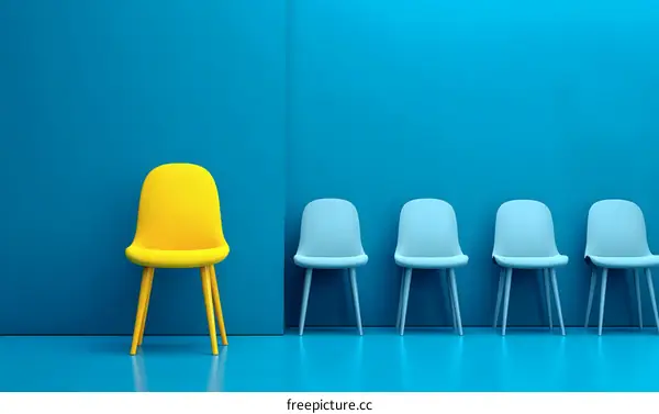 Single Yellow Chair Among Blue Chairs