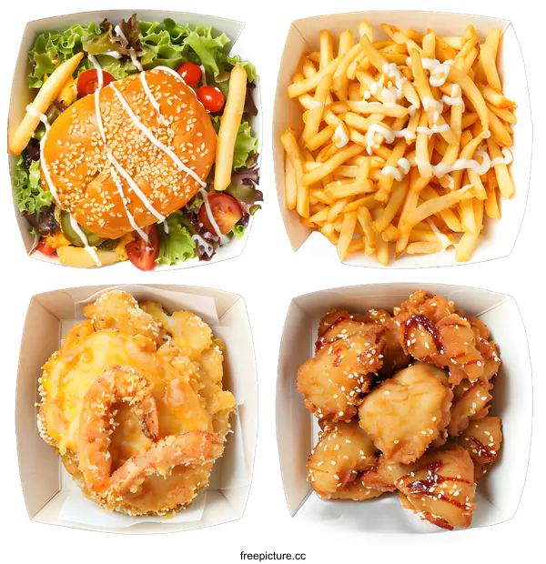 [Transparent Background PNG]Fast Food Set with Burger, Fries, Chicken Nuggets and Onion Rings