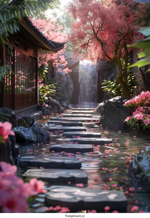 Tranquil Asian Garden Pathway with Waterfall and Pink Flowers