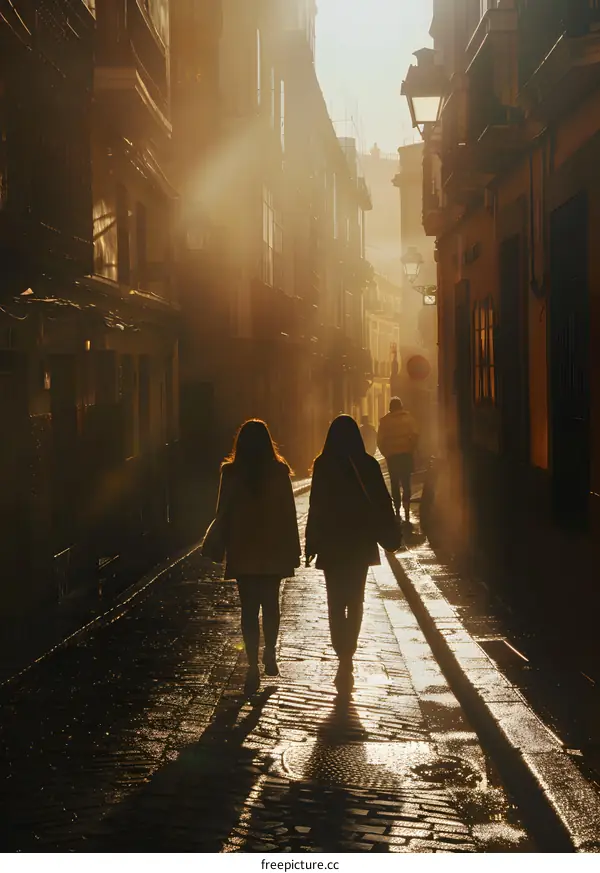Two Women Walking Down A Narrow Street In The Sunlight
