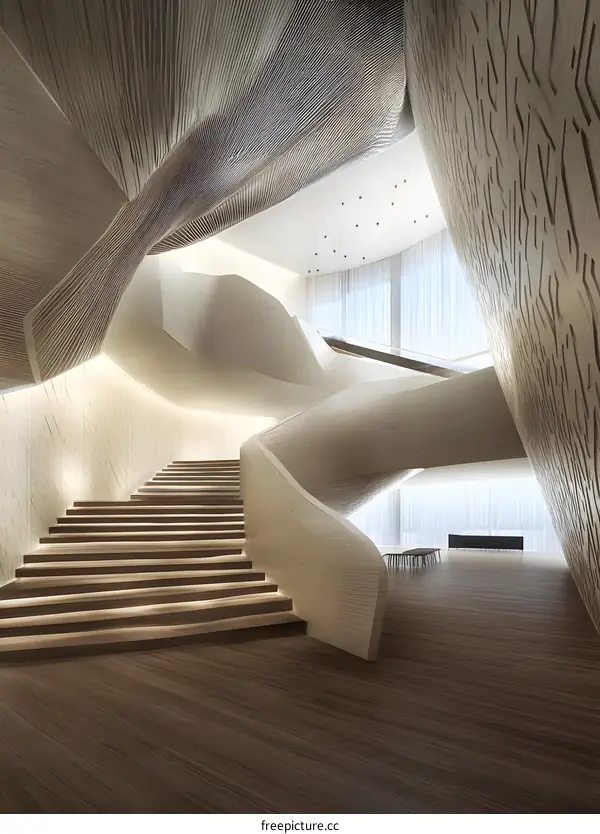 Modern Architecture Design With Curved Staircase And Wooden Flooring