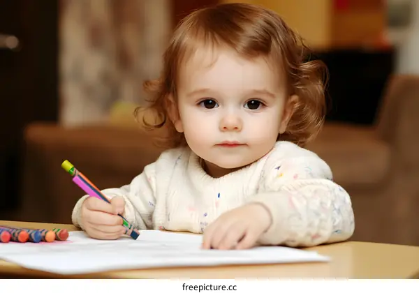 Little Girl Drawing with Crayons
