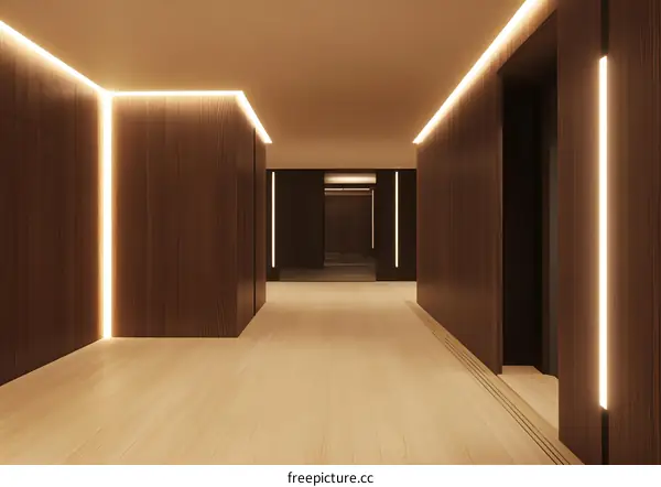 Modern Interior Design Minimalist Long Hallway With Wood Paneling And Linear Lighting