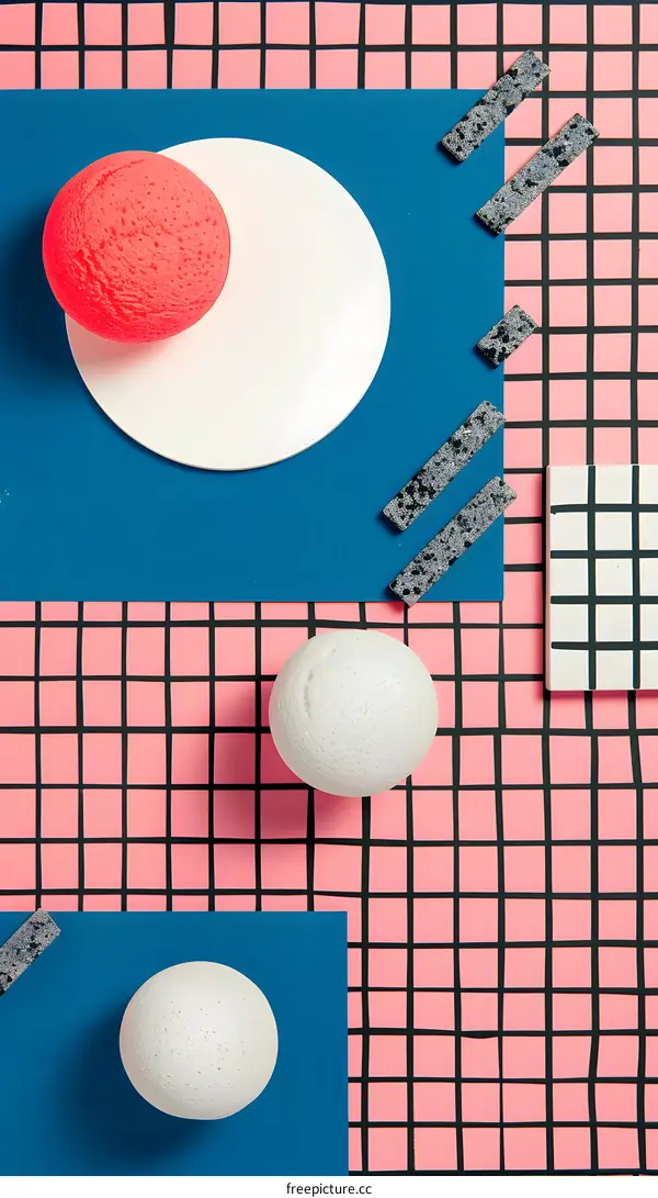 Abstract Geometric Shapes with Red and White Balls on Blue and Pink Background