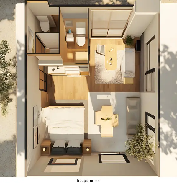 Top View 3D Illustration of a Modern Apartment Interior Design with Bedroom, Living Room, and Bathroom