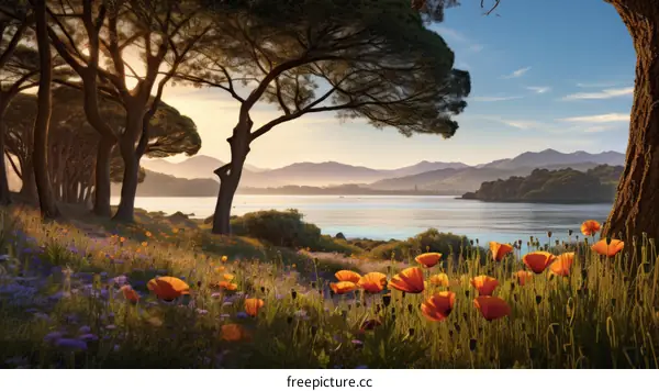 Poppy flowers and trees near a lake