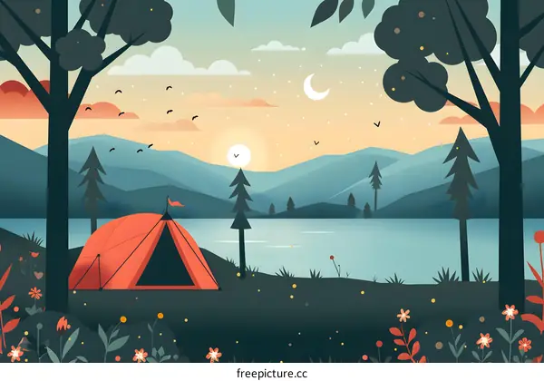 Camping at the Lake, Mountain and Forest Illustration