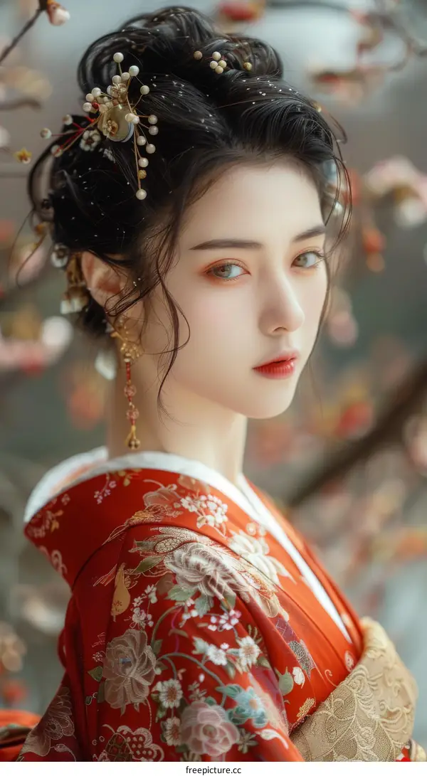 Portrait of a beautiful Asian woman in traditional Japanese kimono