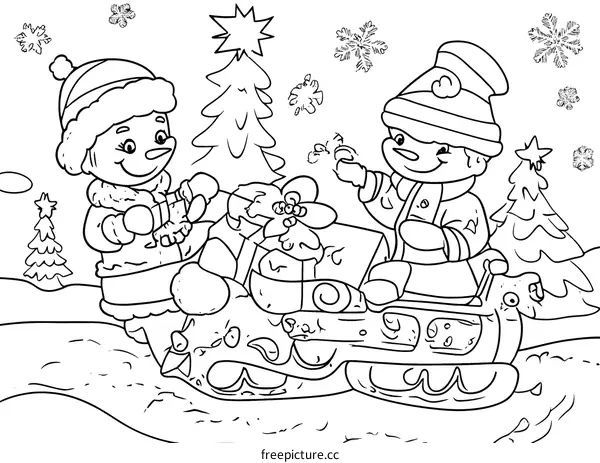 Christmas Illustration of Two Children on a Snowmobile