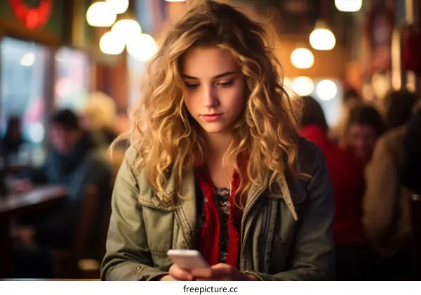 Young woman looking at her phone in a cafe