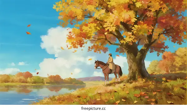 Autumn Scenery with Rider and Horse by Riverside