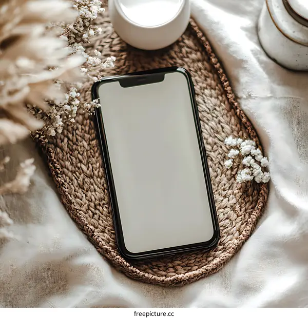 Minimalist Mockup Of A Smartphone On A Woven Placemat With Dried Flowers