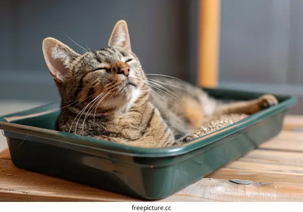 A tabby cat is lying in a green litter box and enjoying the sun