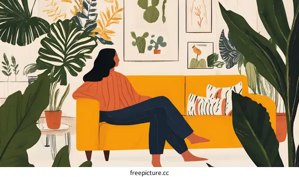 Woman Relaxing on a Yellow Sofa Surrounded by Plants