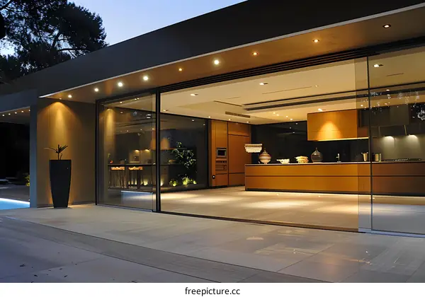 Modern Kitchen with Large Glass Doors and Patio