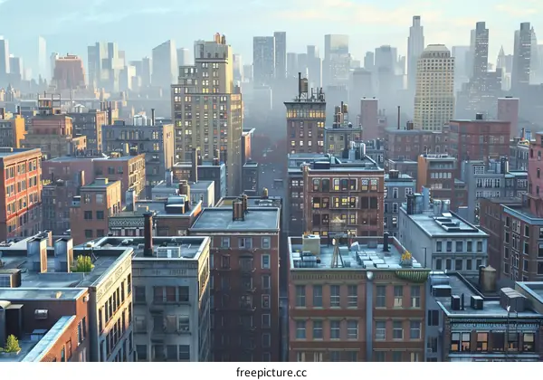 A City Skyline with Towering Buildings and a Clear Blue Sky