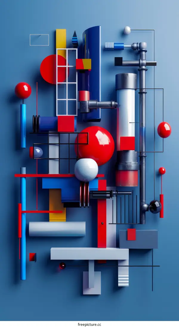 3D illustration of colorful geometric shapes and pipes