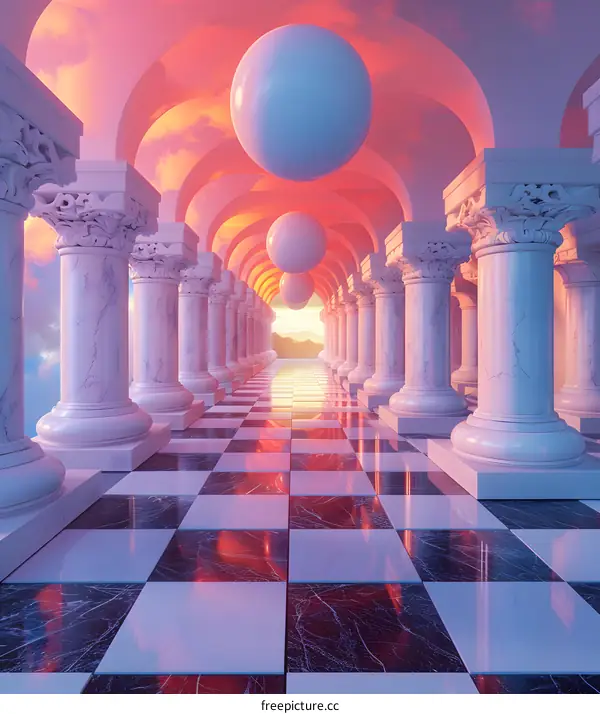 White colonnade under a pink sky