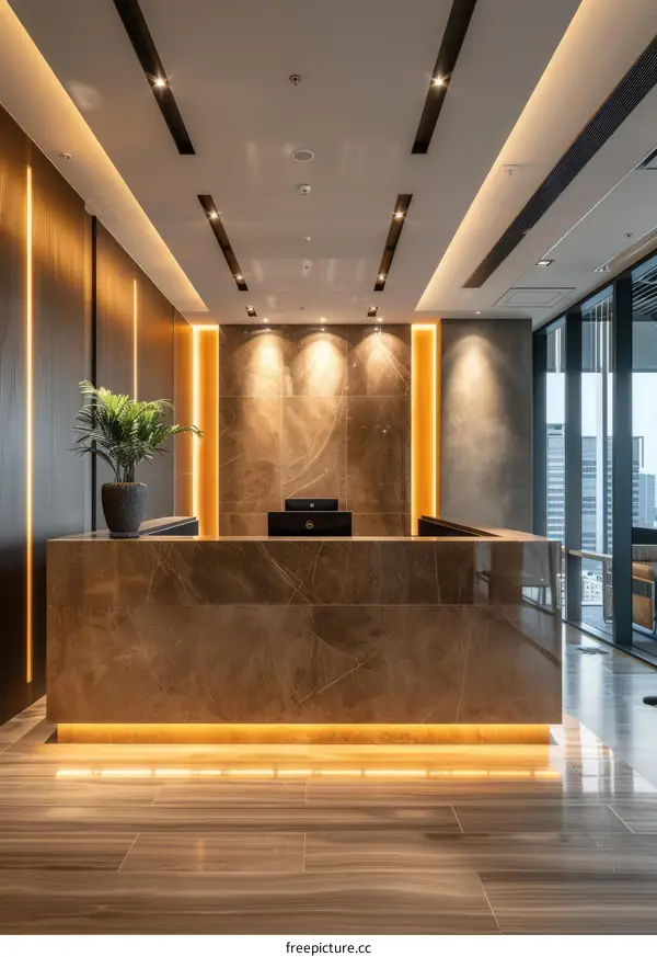 Modern office reception desk with marble and wood