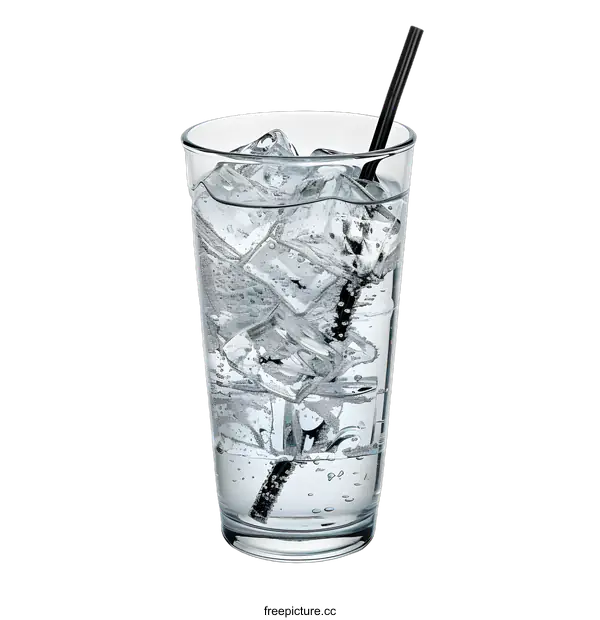 [Transparent Background PNG]Glass of Water with Ice Cubes and a Straw