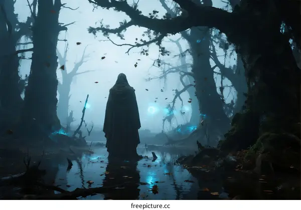Mysterious Figure Standing in Misty Forest with Glowing Elements