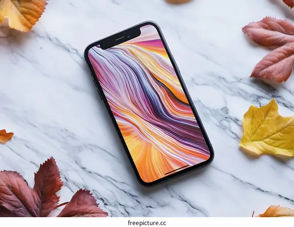 Phone with Autumn Leaves on Marble Background