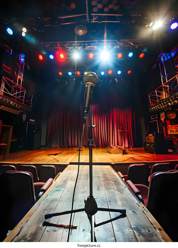 Microphone on a Wooden Table in Front of a Stage